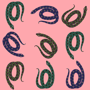 Colorful patterned snakes on pink
