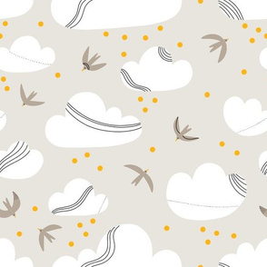 Silver lining, calm pattern with birds and clouds