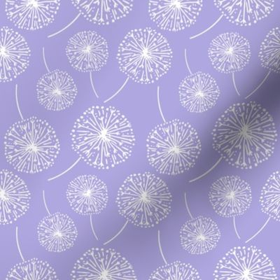 Dandelion clocks white on lilac (medium)