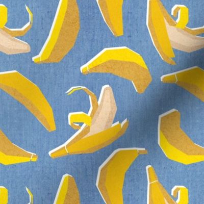 Small scale // Paper cut geo bananas // denim blue background yellow geometric fruits