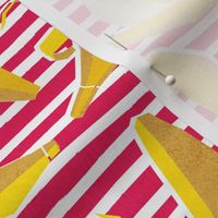 Small scale // Paper cut geo bananas // white and pink stripes on background yellow geometric fruits