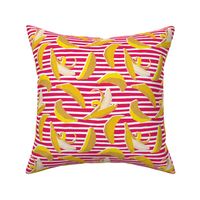 Small scale // Paper cut geo bananas // white and pink stripes on background yellow geometric fruits