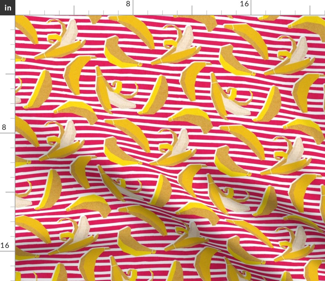 Small scale // Paper cut geo bananas // white and pink stripes on background yellow geometric fruits