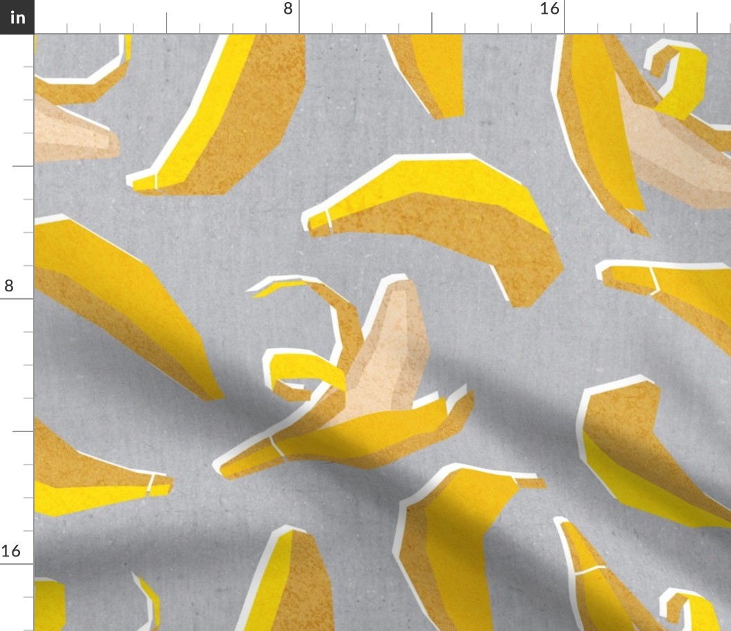Normal scale // Paper cut geo bananas // grey background yellow geometric fruits