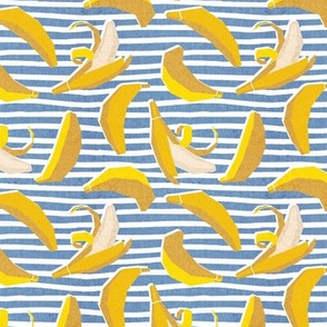 Tiny scale // Paper cut geo bananas // white and blue stripes on background yellow geometric fruits
