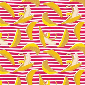 Tiny scale // Paper cut geo bananas // white and pink stripes on background yellow geometric fruits
