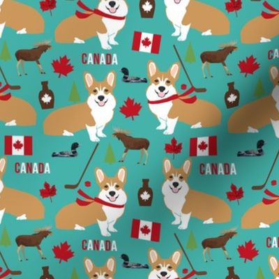 corgi canada fabric - cute dog fabrics - turquoise