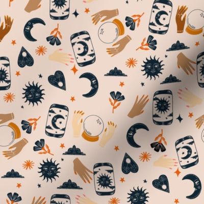 witchy woman fabric - tarot, fortune teller, sun moon stars - tan and navy