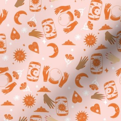 witchy woman fabric - tarot, fortune teller, sun moon stars - pink and orange