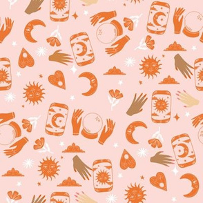 witchy woman fabric - tarot, fortune teller, sun moon stars - pink and orange