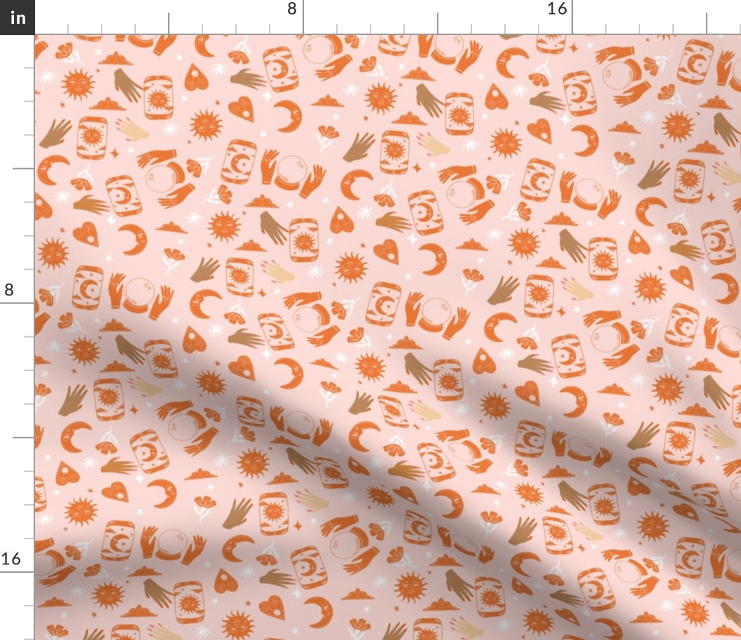 witchy woman fabric - tarot, fortune teller, sun moon stars - pink and orange