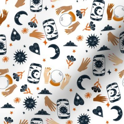 witchy woman fabric - tarot, fortune teller, sun moon stars - white and navy