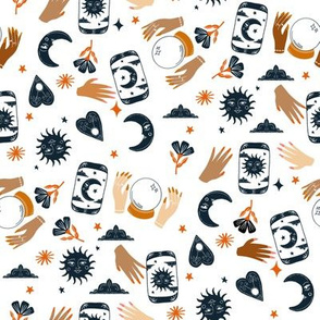 witchy woman fabric - tarot, fortune teller, sun moon stars - white and navy