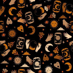 witchy woman fabric - tarot, fortune teller, sun moon stars - black and tan