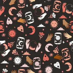 witchy woman fabric - tarot, fortune teller, sun moon stars - black and coral