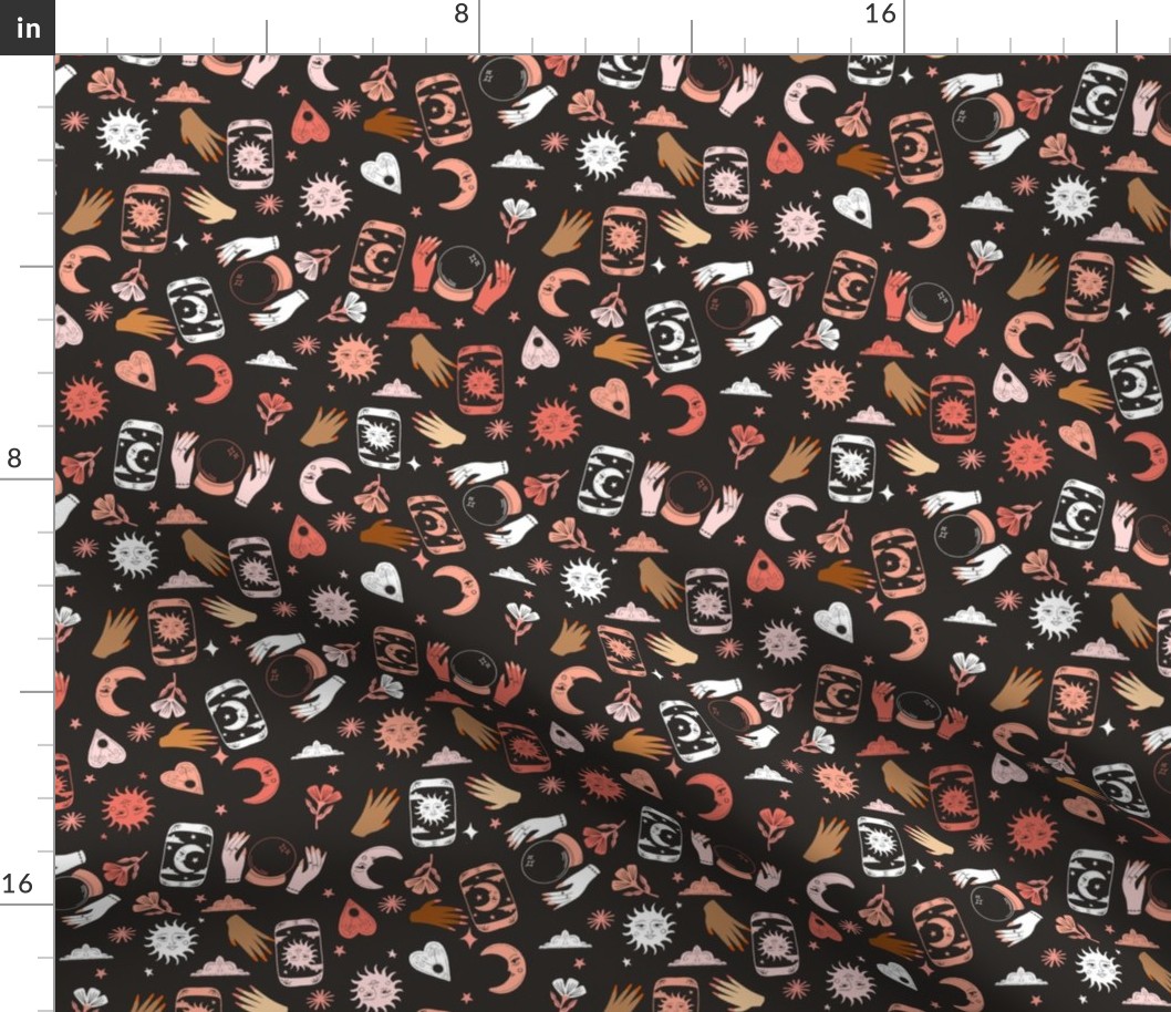 witchy woman fabric - tarot, fortune teller, sun moon stars - black and coral