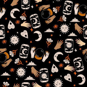 witchy woman fabric - tarot, fortune teller, sun moon stars - black