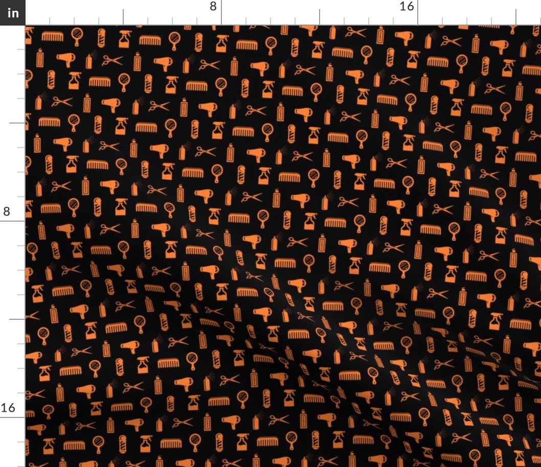 Salon & Barber Hairdresser Pattern in Orange with Black Background (Mini Scale)