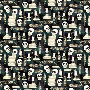 Ode To Alchemy Skulls -- Gold, white skulls --  Alchemy Skull Skeleton Book Halloween Concoction -- 8.00in x 8.00in repeat - 450dpi (33% of Full Scale)