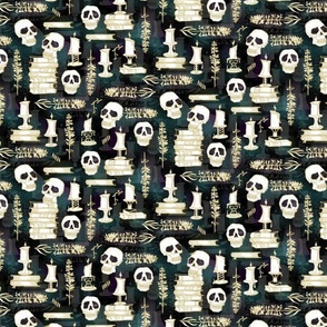 Ode To Alchemy -- Gold, white, subtle pine green background --  Skull Skeleton Book Halloween Concoction -- 450dpi (33% of Full Scale)