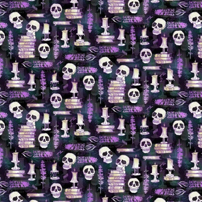 Ode To Alchemy Skull -- Purple and white skull --  Alchemy Skull Skeleton Book Halloween Concoction -- 8.00in x 8.00in repeat - 450dpi (33% of Full Scale)