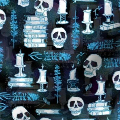 Ode To Alchemy -- Blue Skull Skeleton Book Halloween Concoction