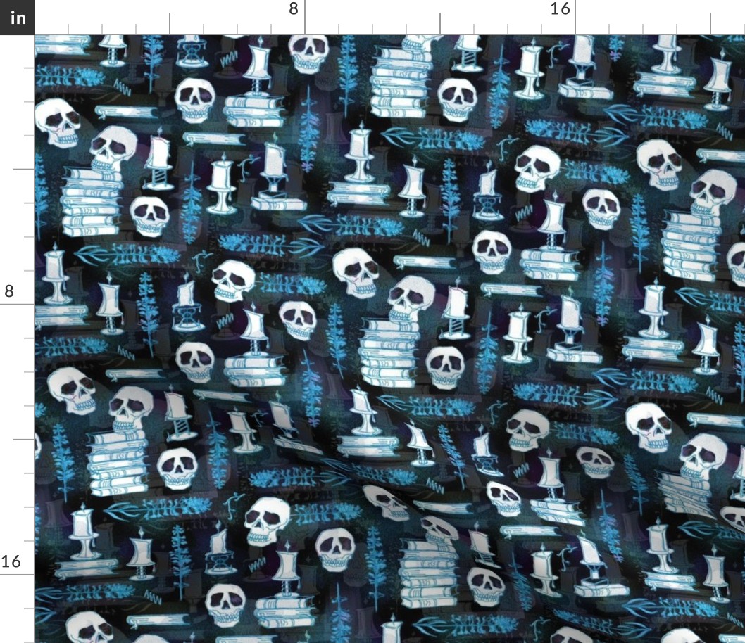 Ode To Alchemy -- Blue Skull Skeleton Book Halloween Concoction
