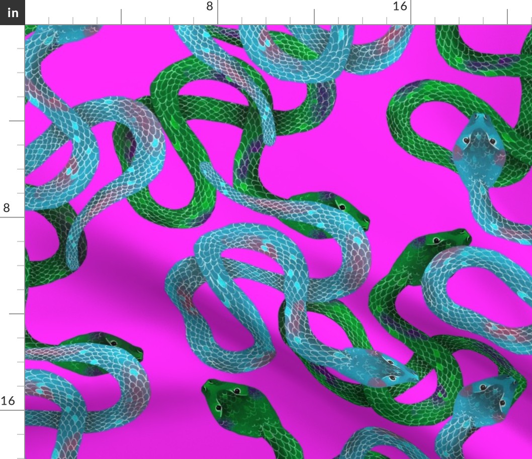 Pile of Blue and Green Snakes on Magenta