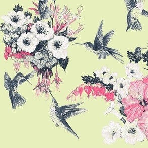 Blush & Gray on Pale Lime, Humming Bird Fabric Design
