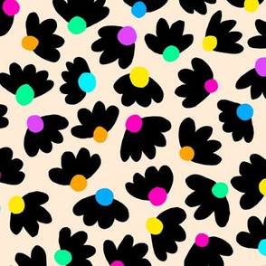 Black flowers with rainbow accents on cream