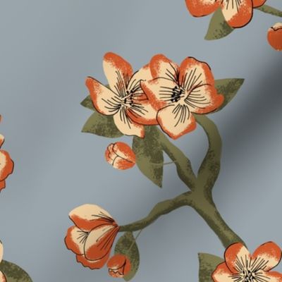 Apple Blossom Floral Print Orange on Blue