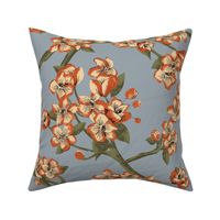 Apple Blossom Floral Print Orange on Blue