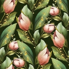Tulip flowers and leaves. Decorative floral pattern on dark background