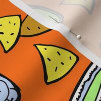 Taco Tuesday Fiesta on Bright Orange Large Mexican Food Novelty Fabric - Colorful Illustrated Design