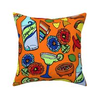 Taco Tuesday Fiesta on Bright Orange Large Mexican Food Novelty Fabric - Colorful Illustrated Design