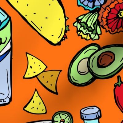 Taco Tuesday Fiesta on Bright Orange Large Mexican Food Novelty Fabric - Colorful Illustrated Design