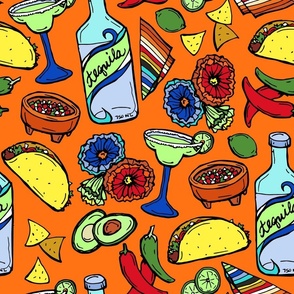 Taco Tuesday Fiesta on Bright Orange Large Mexican Food Novelty Fabric - Colorful Illustrated Design