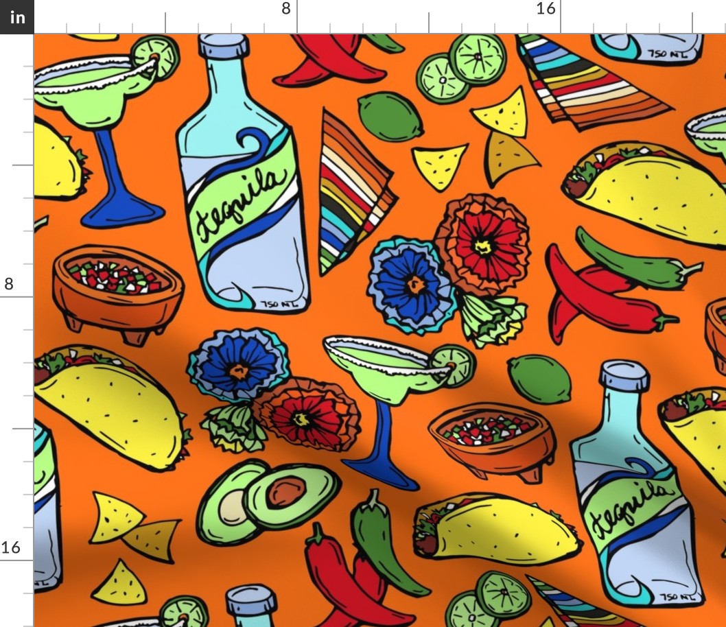 Taco Tuesday Fiesta on Bright Orange Large Mexican Food Novelty Fabric - Colorful Illustrated Design