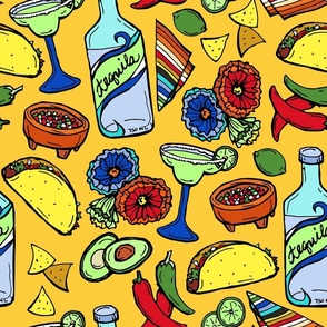 Taco Tuesday Fiesta on Bright Yellow Large Mexican Novelty Fabric - Colorful Illustrated Design