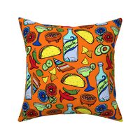 Taco Tuesday Fiesta on Bright Orange Small Mexican Food Novelty Fabric - Colorful Illustrated Design