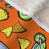 Taco Tuesday Fiesta on Bright Orange Small Mexican Food Novelty Fabric - Colorful Illustrated Design