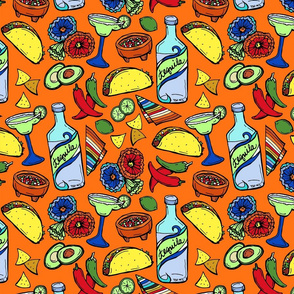 Taco Tuesday Fiesta on Bright Orange Small Mexican Food Novelty Fabric - Colorful Illustrated Design