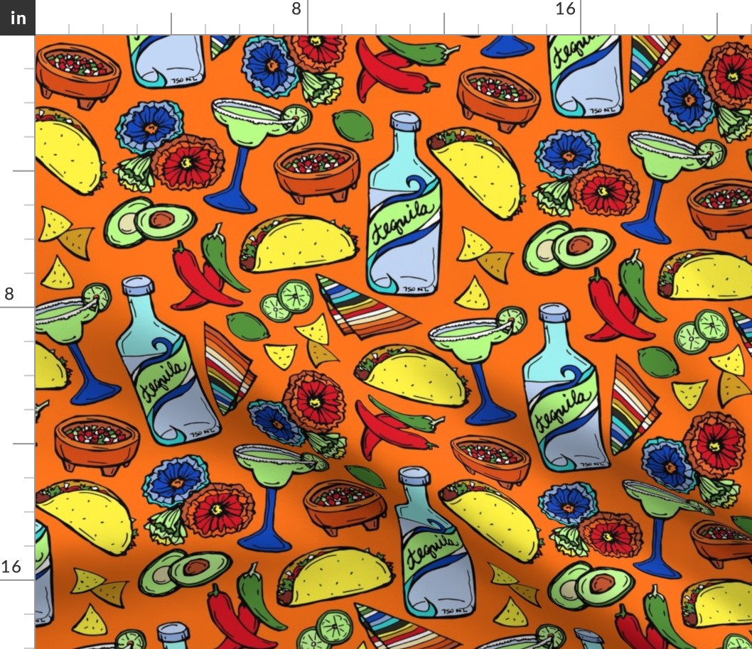 Taco Tuesday Fiesta on Bright Orange Small Mexican Food Novelty Fabric - Colorful Illustrated Design