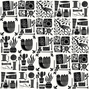 Black and white stamp, tools to write paint sew, folk art birds and cactus