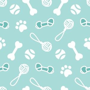 Small scale // Fetch play and chew // aqua background white bones balls pet toys and paw prints