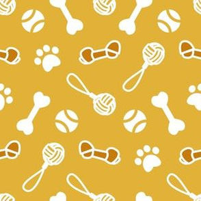 Small scale // Fetch play and chew // yellow background white bones balls pet toys and paw prints