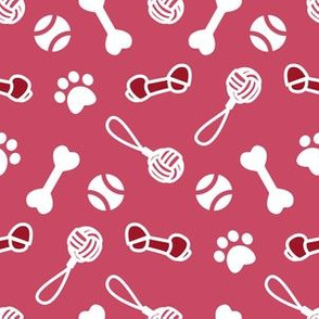 Small scale // Fetch play and chew // red background white bones balls pet toys and paw prints