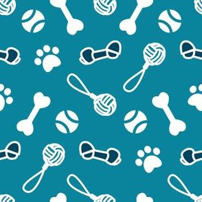 Small scale // Fetch play and chew // turquoise background white bones balls pet toys and paw prints