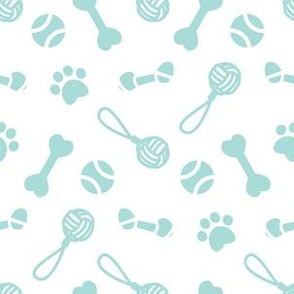 Small scale // Fetch play and chew // white background aqua bones balls pet toys and paw prints