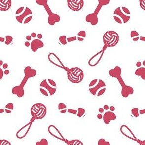 Small scale // Fetch play and chew // white background red bones balls pet toys and paw prints